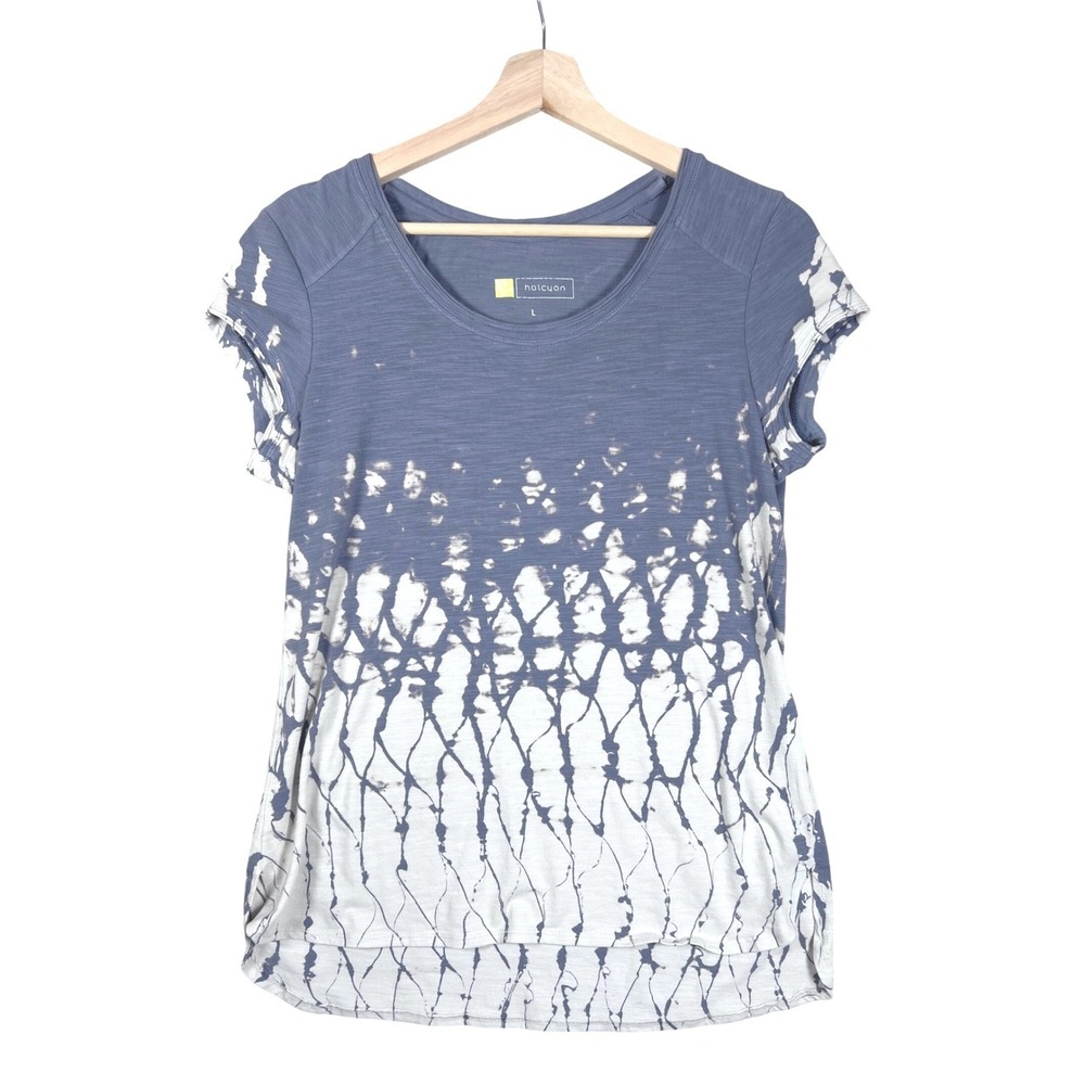 BOHO Halcyon T-Shirt Blue Gray Bleach Tie Dye‎ Short Sleeve Top Coastal Large